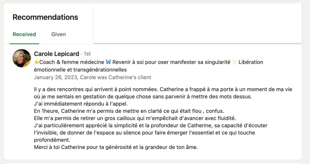 Testimonial from a client Carole D. LinkedIn Jan 2023