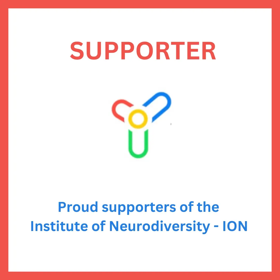 The ION Institute of Neurodiversity logo with words Supporter in red above and 'Proud Supporter of the Institute of Neurodiversity - ION' written below the logo