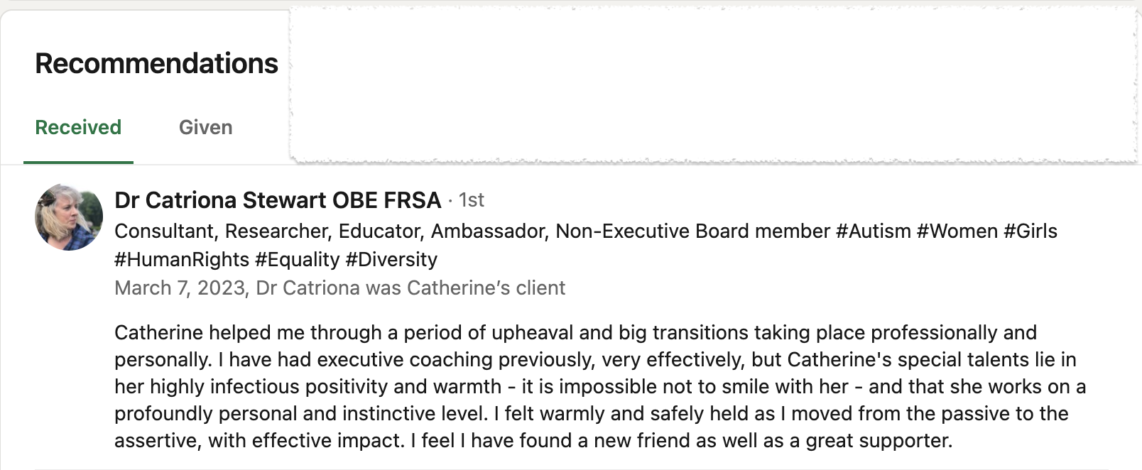 A linkedIn testimonial from Dr Catriona Stewart OBE as one of my clients